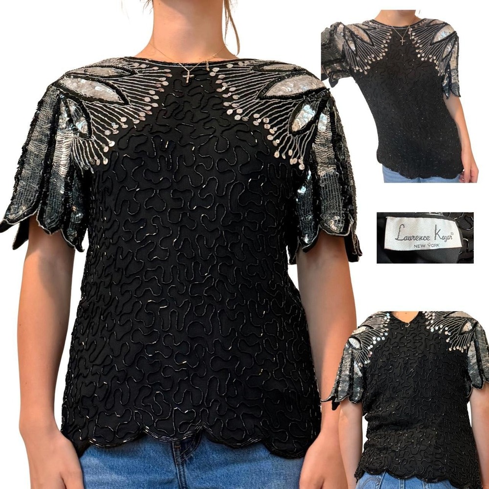 Laurence Kazar Vintage Black Silk Beaded Sequin Sunburst Evening Top Silver